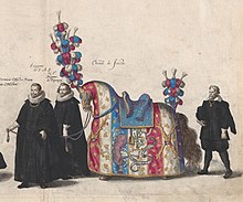 Riderless jousting horse of Albert VII, Archduke of Austria in his funeral procession, 1623 (etching with hand coloring by Jacob Franquart) Jousting horse, funeral procession of Archduke Albert VII of Austria.jpeg