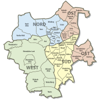 Map of Mönchengladbach showing the boroughs, districts and postal zones.