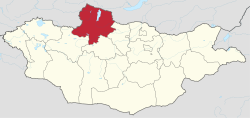 Kaart van Mongolië met Ajmag Hövsgöl in het rood