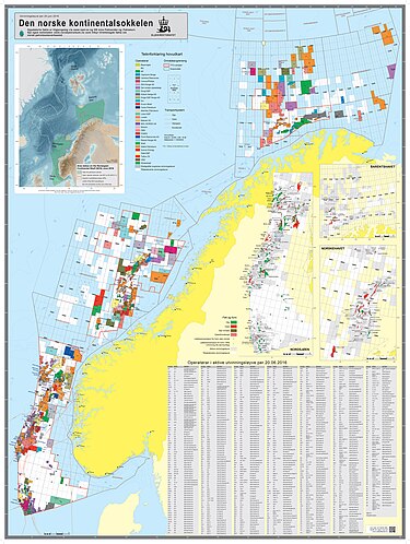 The Norwegian continental shelf as of June 20th, 2016. It shows all fields, discoveries, areas awarded and areas that have been opened for exploration activities Kontinentalsokkelkart 2016.jpg