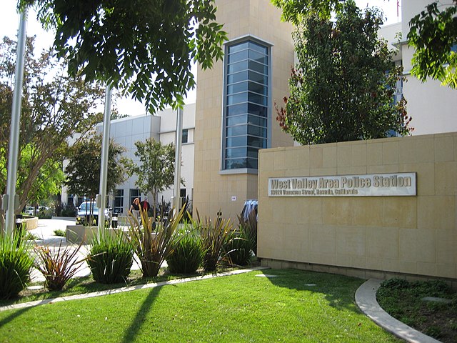 The exterior of the Los Angeles Police Department's West Valley Area Police Station. The LAPD operates approximately 21 such stations divided across L