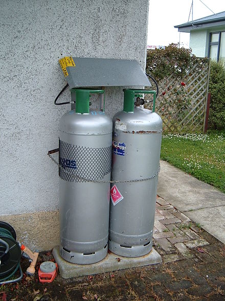 Two 45 kg (99 lb) LPG cylinders in New Zealand used for domestic supply.