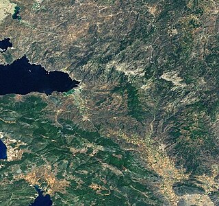 Landsat-bilde av Beşparmak Dağları og Bafa-sjøen