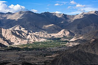 The town of Leh nestled in a valley in the Ladakh Range