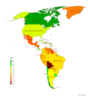 Life expectancy map -Americas -2020 -with names.png