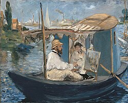 1874 Claude Monet painting in his studio boat