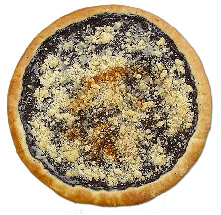 round pastry with prominent crust and what appears to be fruit jam filling with crumbled cheese on top and a possible sprinkling of cinnamon or brown sugar