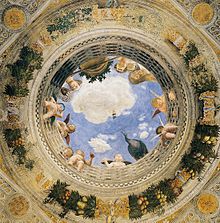 Oculus représentant un bâtiment montant vers le ciel, d'où des angelots regardent le spectateur.
