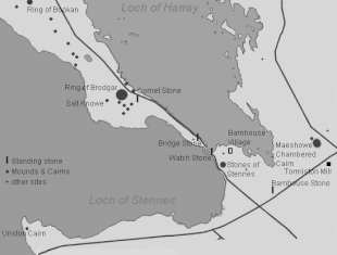 Carte présentant la localisation de Barnhouse dans le Cœur néolithique des Orcades.