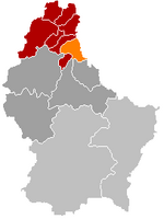 Комуна Гозінген (помаранчевий), кантон Клерво (темно-червоний) та округ Дікірх (темно-сірий) на карті Люксембургу