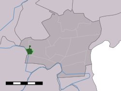 Центр деревни (темно-зеленый) и статистический район (светло-зеленый) Урсем в муниципалитете Вестер-Коггенланд.