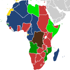 Image 77Areas controlled by European powers in 1939. British (red) and Belgian (marroon) colonies fought with the Allies. Italian (light green) with the Axis. French colonies (dark blue) fought alongside the Allies until the Fall of France in June 1940. Vichy was in control until the Free French prevailed in late 1942. Portuguese (dark green) and Spanish (yellow) colonies remained neutral. (from History of Africa)