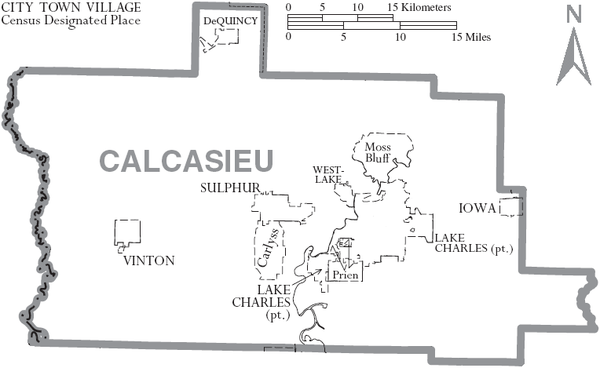 Map of Calcasieu Parish, Louisiana with municipal labels.