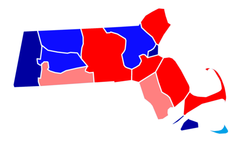 Results by county. Red denotes counties won by Baker and blue denotes counties won by Coakley. Darker colors denote higher percentages of the vote for the candidate indicated. Massachusetts 2014.png