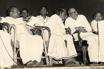 DMK leaders K. A. Mathialagan, V. P. Raman, C. N. Annadurai and M. Karunanidhi with Rajaji Mathialagan VPRaman Anna Rajaji Karunanidhi.jpg