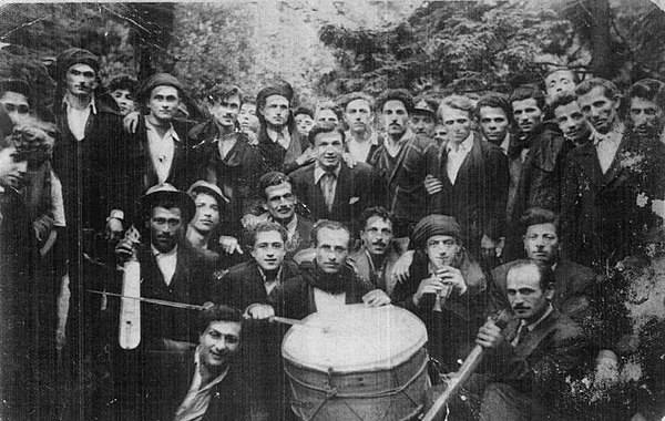Traditional Pontian musical instruments: kemençe, davul, zurna. Photo from 1950s in Matzouka, Trabzon, Turkey.