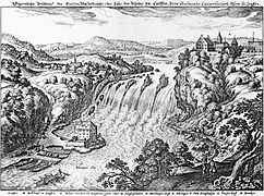 Rheinfall und Schloss Laufen um 1642 Topographia Helvetiae, Rhaetiae et Valesiae, Matthäus Merian der Ältere