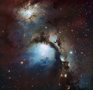 This new image of the reflection nebula Messier 78 was captured using the Wide Field Imager camera on the MPG/ESO 2.2-metre telescope at the La Silla Observatory, Chile. This colour picture was created from many monochrome exposures taken through blue, yellow/green and red filters, supplemented by exposures through a filter that isolates light from glowing hydrogen gas. The total exposure times were 9, 9, 17.5 and 15.5 minutes per filter, respectively.