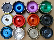 Modern yo-yos, some made of both aluminium and stainless steel Metallyoyos.jpg