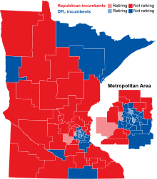Retiring incumbents (light red and light blue) by district. Minnesota Senate 2020 retirements.svg