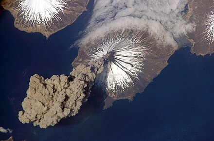 Ash plume from Mt Cleveland, a stratovolcano in the Aleutian Islands