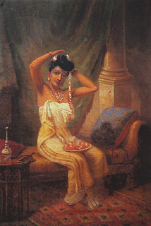 <i>Nair Lady Adorning Her Hair</i> (Varma) 1873 painting by Raja Ravi Varma