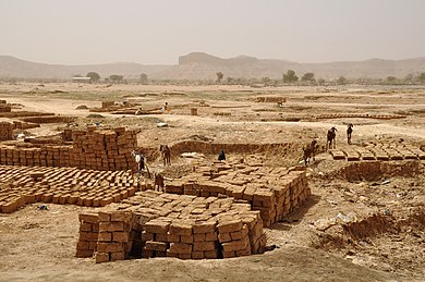 Bricks in the Dallol Bosso. After the rainy season several muddy pools remain in the valley; this mud is used for making traditional bricks, as seen here on the outskirts of the town of Filingue. In the distance the Filingue escarpment, a geological fault line on the western side of the Dallol. Niger, Filingue (31), brick making.jpg