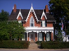 Oak Hill Cottage, Mansfield, Ohio: Carpenter Gothic trim on a brick house in the manner of A.J. Davis's Rural Residences Oak Hill Cottage and Museum.jpg