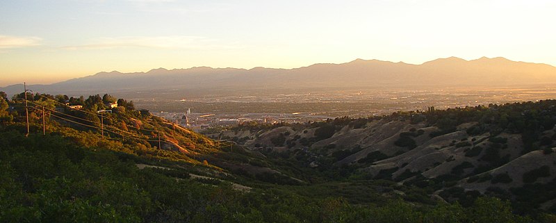 A portion of the Salt Lake Valley with the Oquirrh Mountains in the background, as seen looking southwest from City Creek Canyon