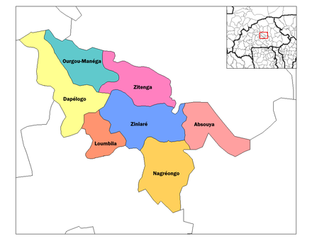 Location of the 7 departments (or communes) in Oubritenga Province.