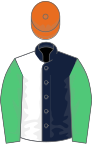 Dark Blue and White (halved), Emerald Green sleeves, Orange cap