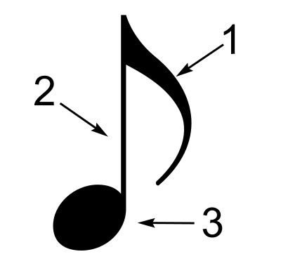 Eine Achtelnote: 1 = Fähnchen, 2 = Notenhals, 3 = Notenkopf