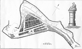 Old map of Port Royal. Light section at top and going down toward the right is the part of the city lost in the 1692 earthquake; slightly shaded middle section, the part of the city that was flooded; darkly shaded bottom section is the part of the city that survived. Port Royal.JPG