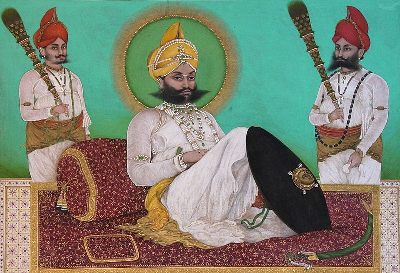 File:Portrait of Sarup Singh with attendants (after William Carpenter). Udaipur, 1851, City Palace Museum, Udaipur. (cropped).jpg