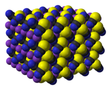 Imagem gerada por computador da estrutura do tiocianato de potássio.