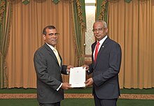 President Ibrahim Mohamed Solih congratulates Mohamed Nasheed Speaker of the People's Majlis in May 2019 President congratulates the new Speaker of the People's Majlis.jpg