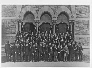 A picture of the Princeton University Class of 1879, posing on the steps of the John C. Green School of Science