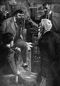 Professor Challanger (högst upp till vänster) i vild diskussion med sina forskarkollegor, teckning av Harry Rountree.