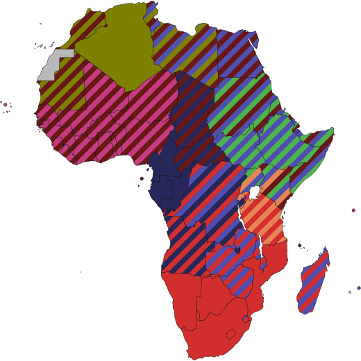 Map of the African Economic Community.   CEN-SAD   COMESA   EAC   ECCAS   ECOWAS   IGAD   SADC   UMA