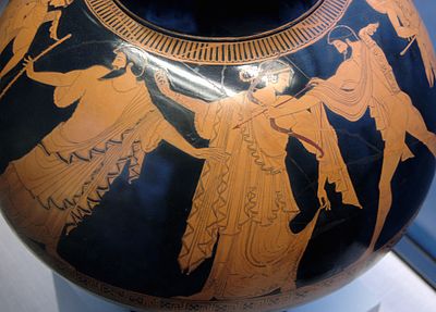 Marpessa and Idas, separated from Apollo by Zeus, Attic red-figure psykter, ca. 480 BC, Staatliche Antikensammlungen (Inv. 2417).
