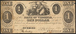 1861 Bank of Virginia 1 dollar banknote Recto Bank of Virginia 1 dollar 1861 urn-3 HBS.Baker.AC 1142133.jpeg