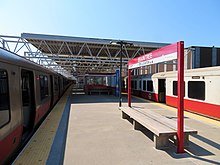 Two trains at Braintree station, one of the line's two southern termini Red Line trains at Braintree station (2), August 2018.JPG