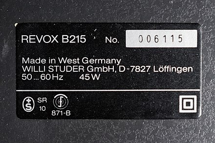 "Made in West Germany" on a cassette deck manufactured from the 1980s. Subtle references to the nation like these can be examples of banal nationalism, instilling a sense of pride through everyday items without overt proclamations of love for one's country.
