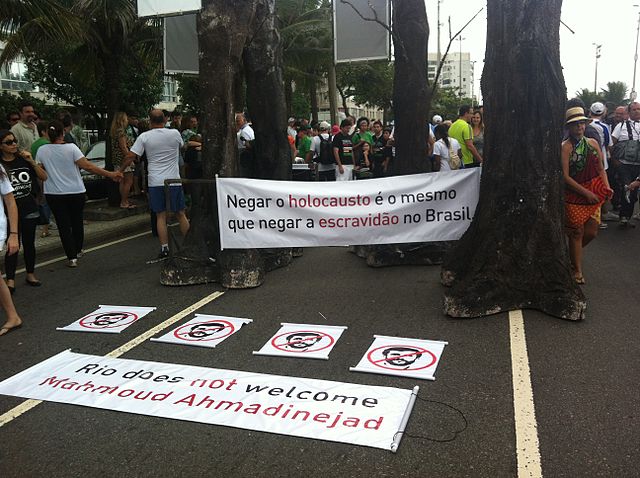 Protest in Brazil against former Iranian President Mahmoud Ahmadinejad, criticizing his Holocaust denial