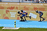 Deutsch: Badminton bei den Olympischen Jugendspielen 2018; Tag 2, 8. Oktober 2018; Viertelfinale Jungen Lauf 2 English: Roller speed skating at the 2018 Summer Youth Olympics; day 2, 8 October 2018 – Boys Quarterfinals run 2