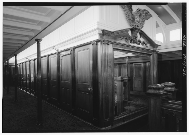 File:Salon deck, detail of engine compartment panelling with main stair mirror and newel post carvings. - Ferry TICONDEROGA, Route 7, Shelburne, Chittenden County, VT HAER VT,4-SHEL,1-56.tif