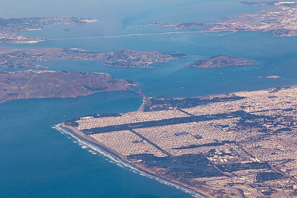 Aerial view of the Marin Headlands, Golden Gate Bridge, and San Francisco