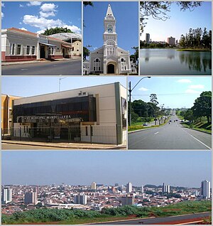 Do topo, em sentido horário: Estação Cultural; Igreja Matriz; Parque dos Ipês; Avenida Santa Bárbara, panorama da cidade e Teatro Manoel Lyra.