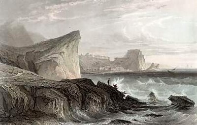 A 19th-century engraving of the Strait of Messina, the site associated with Scylla and Charybdis