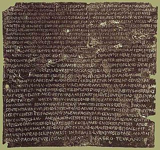 <i>Senatus consultum de Bacchanalibus</i> Old Latin inscription dating to 186 BC